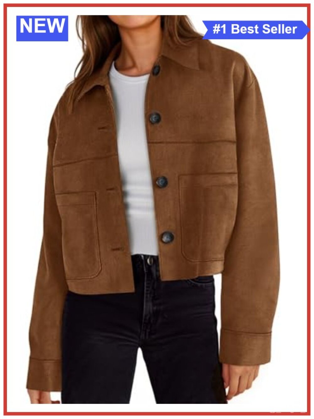 Womens Cropped Faux Suede Leather Jacket Lapel Collar Shacket